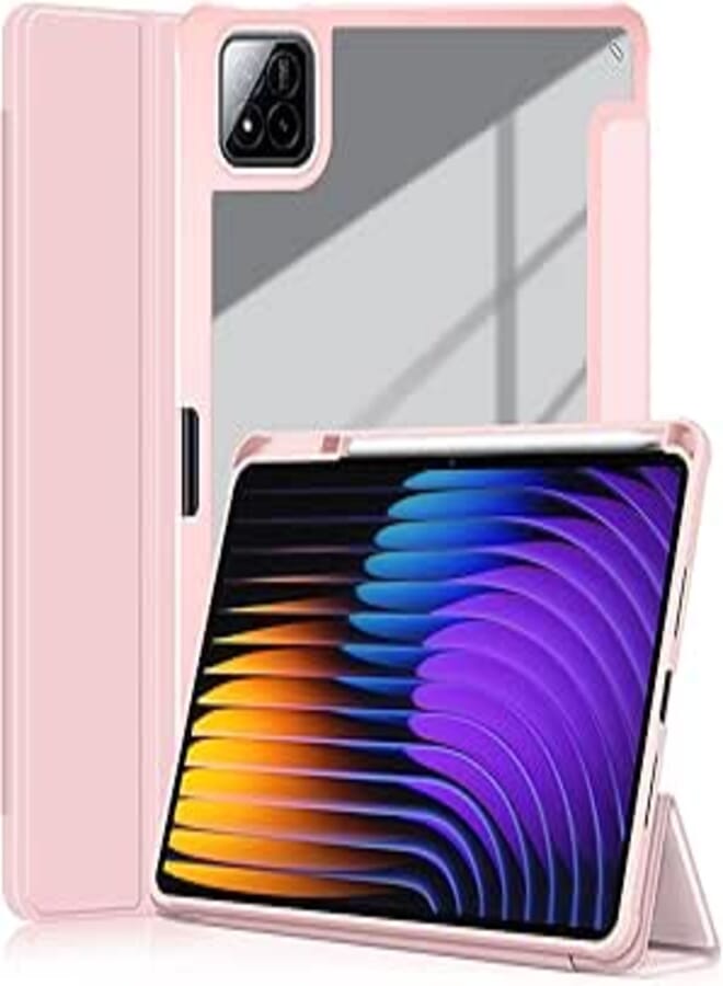 Case for Xiaomi Pad 7 with Pen Holder 11.2 Inch 2024, [Auto Wake/Sleep] Transparent Back Case Cover for Tablets Xiaomi Pad 7 Pro (Pink)